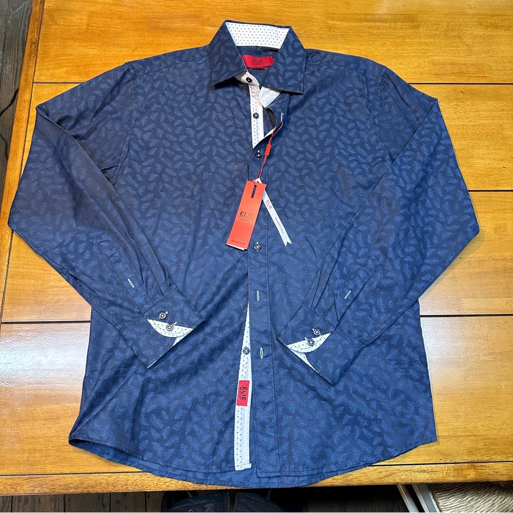 Blue Men’s Dress Shirt with Leaf Design